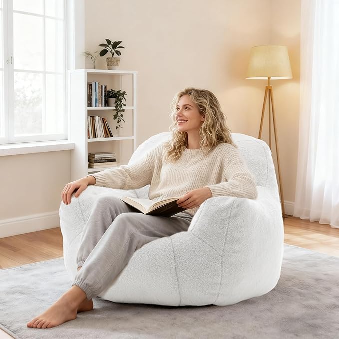 Bean Bag Chair, Bean Bag Couch for Adults Kids, Comfy Flower-Shaped Chair with Filler Armrests Stuffed High-Density Foam Stuffed Sofa Lounge Floor Sofa for Bedroom,Gaming, Reading, White