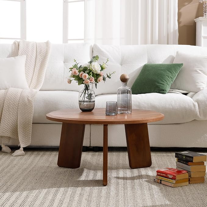 Janoray Modern Wood Coffee Table Small Desk Farmhouse Round Coffee Table Floor Table Couch Table Easy Assembly for Living Room/Office/Reception/Sofa Couch End, Walnut