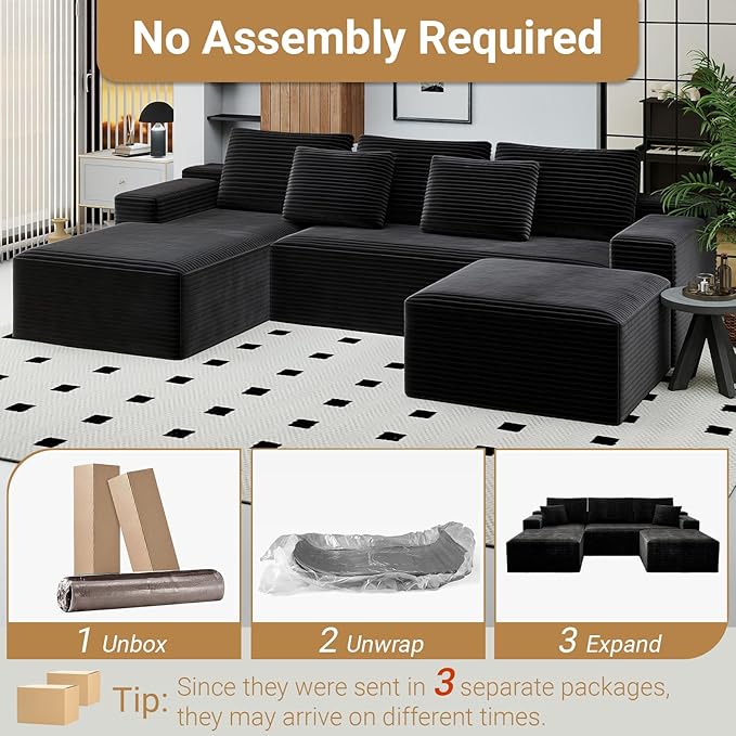 KAPEETOO U Shaped Modular Sectional Sofa with Left Chaise Ottoman, Boneless Couch with Deep Seat, Oversize 3-Seater Sofa U Shaped Set for Living Room Bedroom (Black)