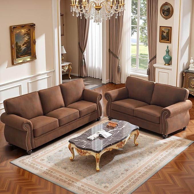 Couchus Living Room Furniture Sets,Sofa Sets and Couch Sets for Living Room,Mid-Century Vintage Sofa Couches with Rivet Design (Caramel, Loveseat+3 Seater)