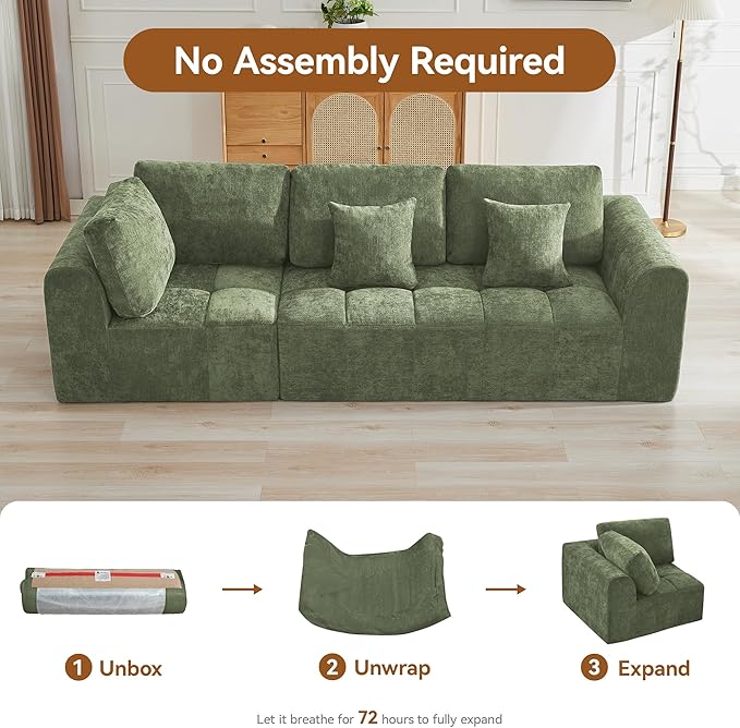 110''Modular Sectional Couches for Living Room, Cloud Boneless Compressed Sectional Sofa, Oversized 3 Seater Upholstered Memory Foam Sofa, No Assembly, Chenille Green