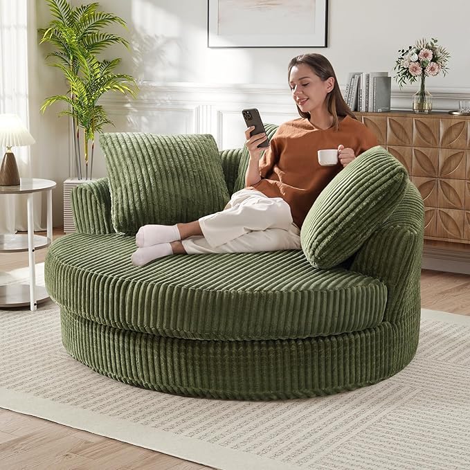 61"W Oversized Round Chaise Lounge Chair Indoor, Upholstered Corduroy Large Circle Boneless Chair with Deep Seat, No Assembly Required, Modern Comfy Cloud Sofa Chairs for Living Room, Bedroom(Green)