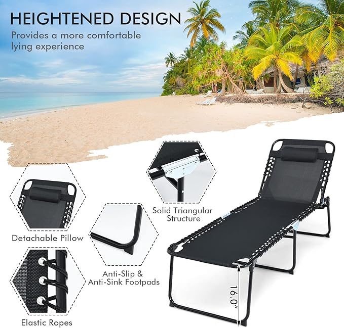 Goplus Chaise Lounge Chair, Folding 5-Postion Beach Lounge Chair with Detachable Pillow, Sunbathing Lounger, Adjustable Tanning Chair for Patio Lawn Pool Yard Outdoor