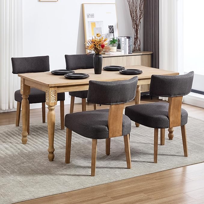 KHISCHMO Mid Century Modern Dining Chairs, Upholstered Linen Fabric Chairs with Curved Backrest and Wood Legs, Comfy Kitchen Vanity Chairs for Dining Room/Living Room/Kitchen, Set of 2 Grey