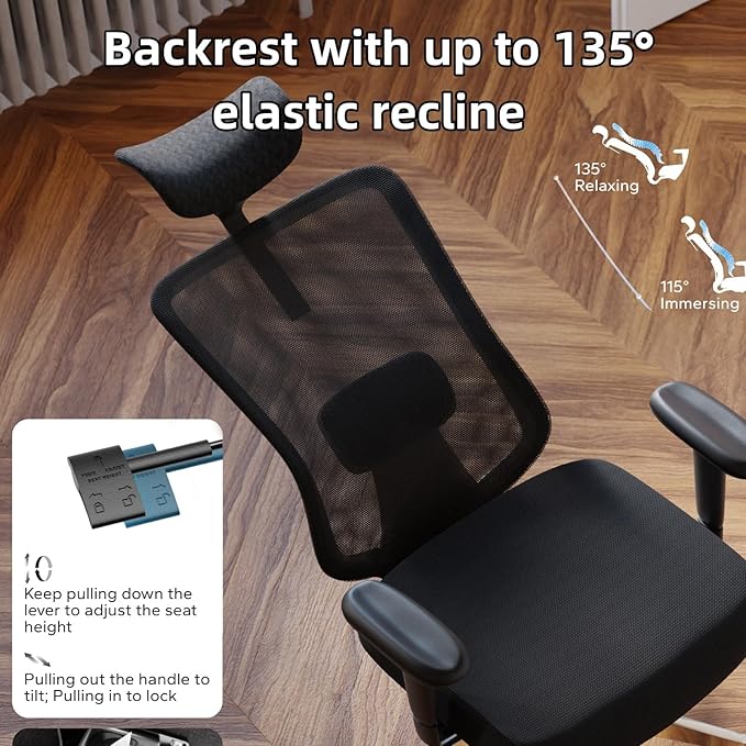 Monhey Office Chair Ergonomic Desk Chair with Lumbar Support&Headrest&Adjustable Arms&Height Rocking Swivel High Back Computer Chair Warm Taupe Mesh Study Chair (08All Black)