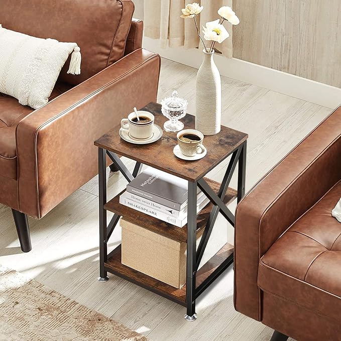 End Tables Living Room Set of 2 Farmhouse, Side Table with Storage Shelf, 16" W x 12" D x 24" H, X-Shaped Night Stands for Bedrooms, Espresso Side Table, End Tables Wood and Metal