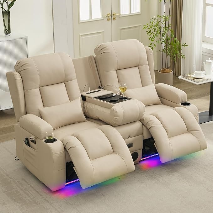 URRED Loveseat Recliner Sofa with Massage and Heat, Power Reclining Loveseat Sofa RV Couch with Console, Home Theater Seating with LED Lights, Bluetooth Speakers, USB, Outlets, Leathaire Beige