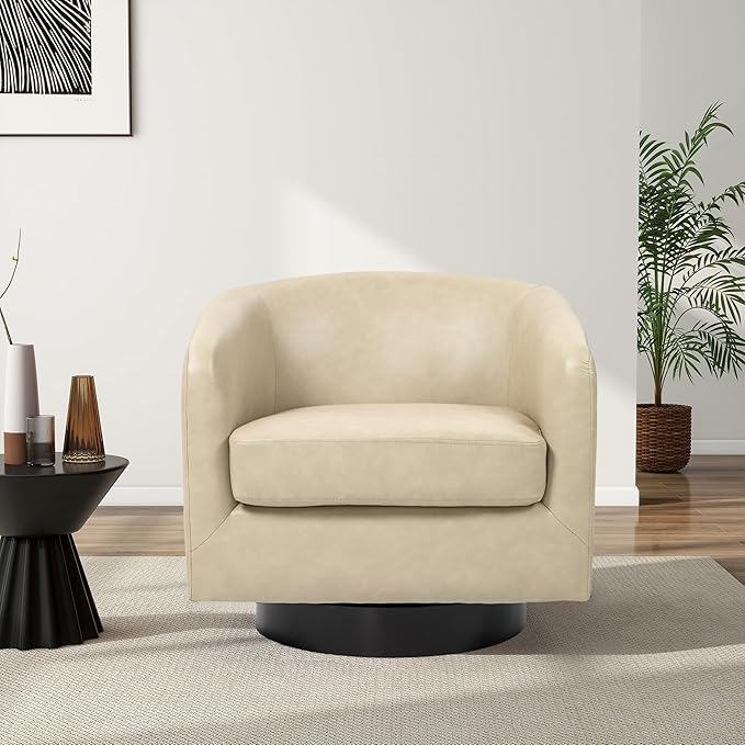 Swivel Barrel Chair, Modern Round PU Leather Accent Armchair for Living Room, Bedroom, Oversized Comfy Club Reading Chairs for Adults