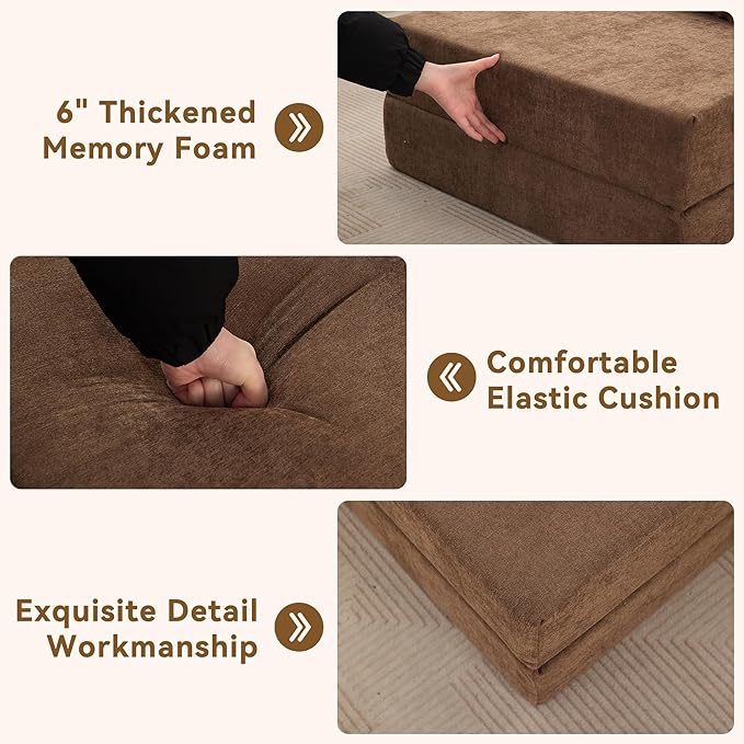 Folding Sofa Bed Convertible Floor Couch Foldable Chair Bed with Pillow，Linen Sleeper Chair Futon,Foldable Memory Foam Mattress for Bedroom/Living Room/Dorm/Office (Brown, Single)