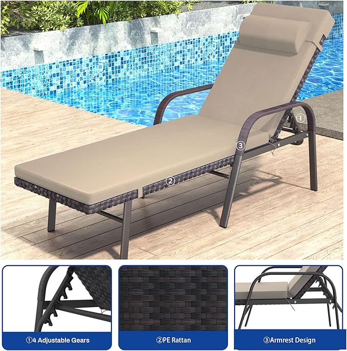 Trumbeak Patio Chaise Lounge Set 3 Pieces Pool Lounge Chairs,Cushioned Outdoor Folding Lounge Chair w/Arm and Rattan Adjustable Backrest for Poolside Porch,Folding Table Included,Sand