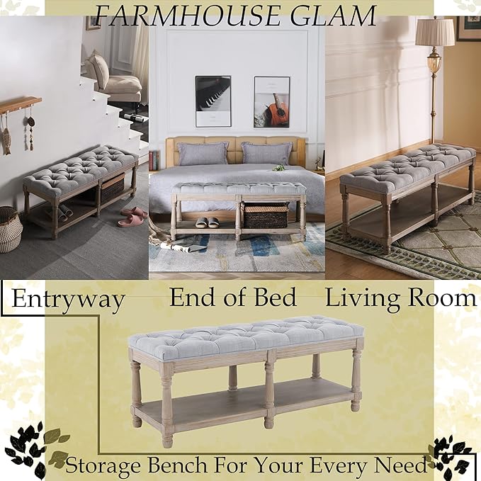 Farmhouse Storage Bench Wooden Entryway Upholstered Tufted Ottoman Bench for Bedroom End of Bed Hallway Organizer, Grey