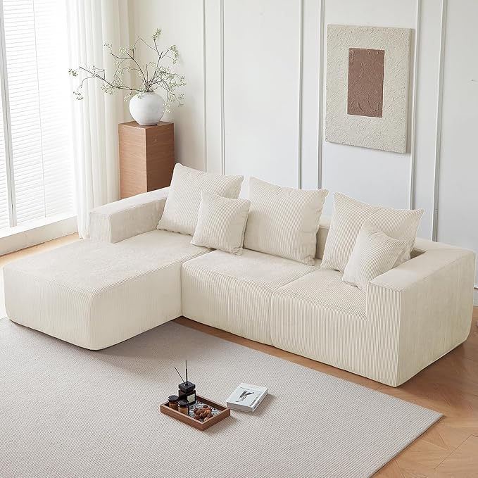 101" Cloud Couch for Bedroom,Boneless Couch with Oversized Chaise,4-Seat Chenille Deep Seat Sofa with 5-Pillows for Living Room,Corduroy Sofa in A Box,Beige