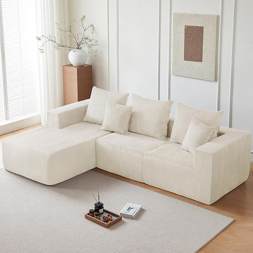 101" Cloud Couch for Bedroom,Boneless Couch with Oversized Chaise,4-Seat Chenille Deep Seat Sofa with 5-Pillows for Living Room,Corduroy Sofa in A Box,Beige