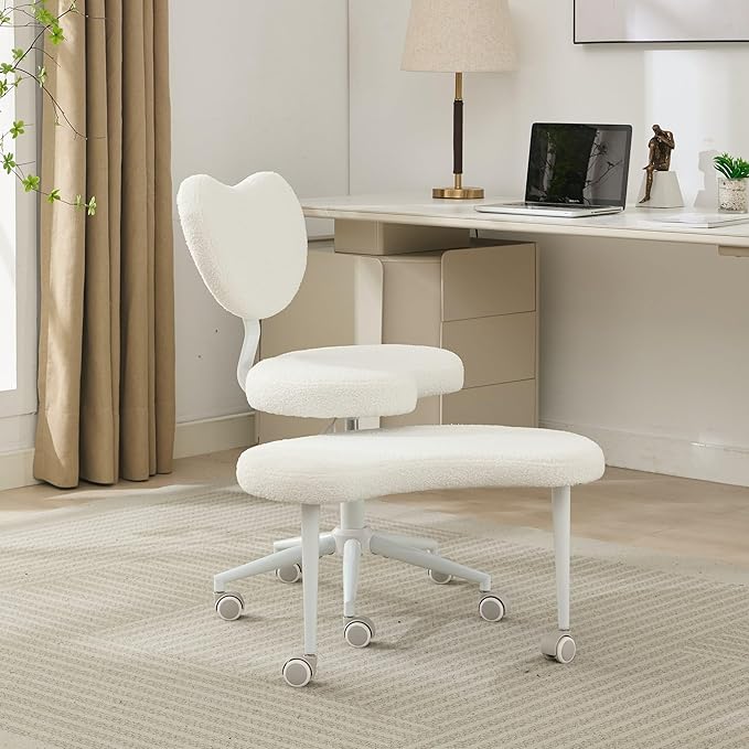 Ergonomic Cross Legged Chair, Meditation Chair Plus with Wheels for ADHD/Fidgety Sitters, Height Adjustable & Lumbar Support, Teddy Fabric, Ivory Home Office Furniture