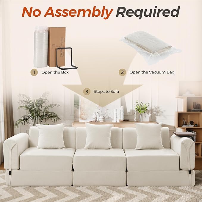 100" Oversized Convertible Sleeper Sofa Bed, Modular Sectional Cloud Sofa with Fixed-Shape Frame & Tabletop, Boneless Couch with Storage Pocket for Living Room, No Assembly Required, Beige
