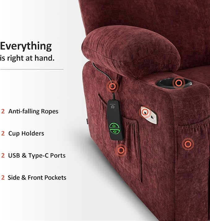 MCombo Small Power Lift Recliner Chair Sofa with Massage and Heat for Petite Elderly, 3 Positions, Cup Holders, and USB Ports, Extended Footrest, Fabric 7141 (Sangria)