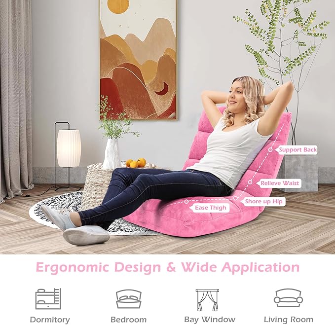 COSTWAY Floor Chair, Video Gaming Chairs with Back Support, Adjustable 14-Position, Alloy Steel Frame, Soft Coral Fleece, Lazy Sofa Lounge for Reading Living Room Recliner for Adults Kids, Pink