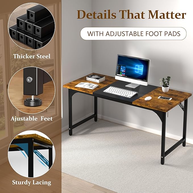 55 X 23.6 Inch Computer Desk, Office Desk w/Deeper Carbon Fiber Desktop, Modern Simple Study Table w/Sturdy Metal Frame & Large Legroom, Gaming Writing Work Desk for Home Office, Bedroom