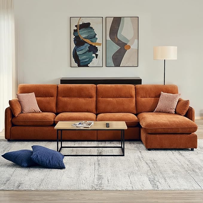 125" L-Shaped Sectional Sofa with Soft Cushion, Cloud-Style Deep Seat Couch for Living Room, for Apartment & Family Room - Modern Oversized, Orange - EDENLAND Signature