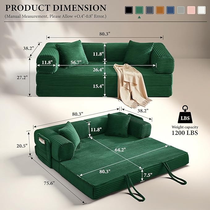Chorlenimi Boneless Couch Futon Sofa Bed Sectional Couches for Living Room,Cloud Couch with Sleeper Sofa,Sofas for Living Room Oversized Corduroy Upholstered (Green, 81 Inches (with Iron Frame))