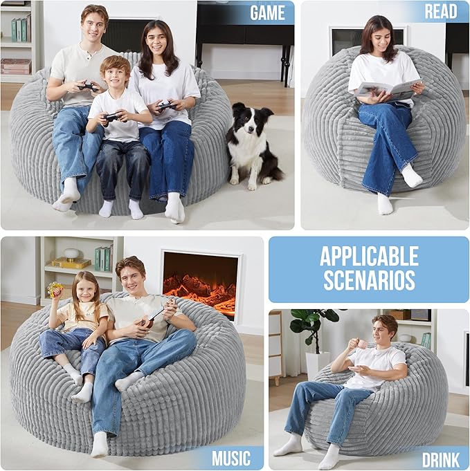 Homguava 4 FT Bean Bag Chair,4' Big Bean Bag,Large Bean Bag Chairs for Adults with Memory Foam Filled,Comfy Beanbag Chairs Soft Bean Bag Sofa with Dutch Corded Plush Cover-Light Grey