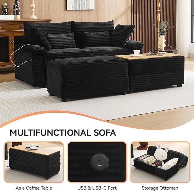 75" Corduroy Loveseat with Storage Ottoman & USB, Cloud Deep Seat Couch with Convertible Ottoman Coffee Table, Double Chaise Lounge for Living Room, Corduroy Black