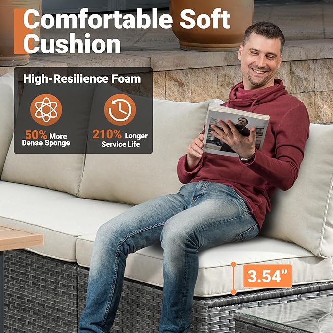 ovios 10 Piece Outdoor Patio Furniture Set with Fire Pit Table,Conversation Sectional Wicker Couch with Swivel Chairs,Modern Outside Sofa for Balcony Backyard, Beige