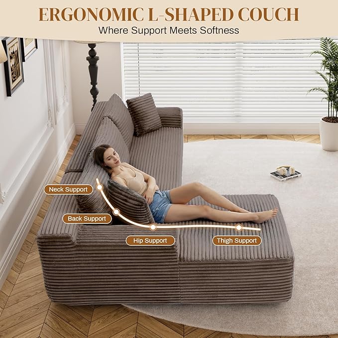 95" Boneless Cloud Sectional Couches for Living Room, Comfy Fluffy L Shaped Memory Foam Deep Seat Boneless Couch, Modular Sectional Sofa with Right Facing Chaise, Brown
