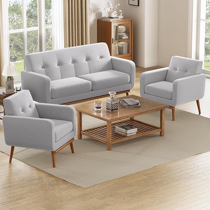 HUIMO Fabric Accent Chair, Mid Century Modern Arm Chair Button Tufted Living Room Chairs Easy to Install, Upholstered Comfy Sofa Chair for Bedroom Study Office Reading Corner (Light Grey)