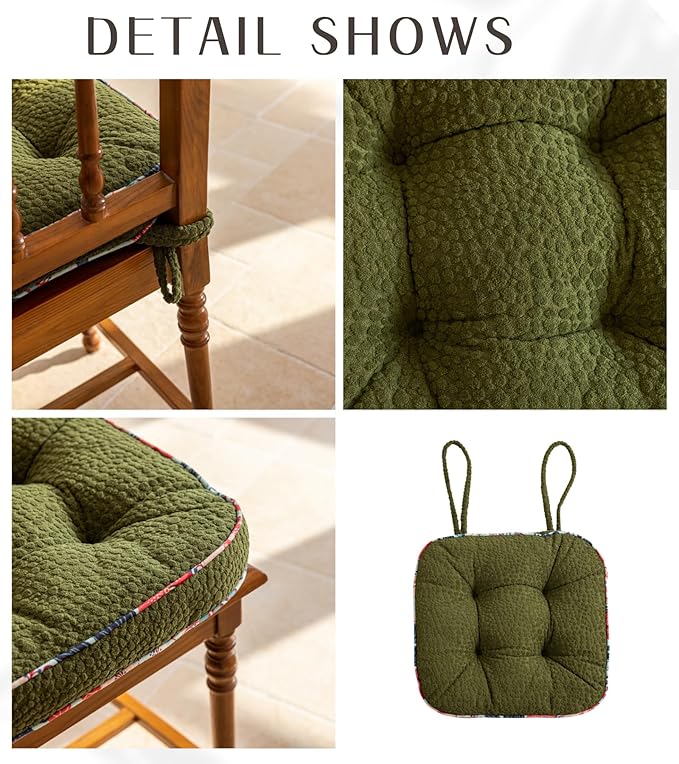 Soft Comfort Chair Pads with 3D Dots Pattern Jacquard Warm Square Chair Cushion with Ties Thicken Non-Slip Floor Pillow Fluffy Seat Cushion for Office Dining Kitchen (Green,15"x15")