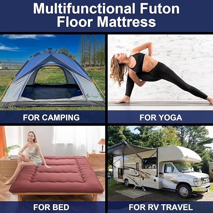 BEYTLYE Floor Mattress Japanese Futon Foldable Sleeping Pad, Portable Roll Up Tatami Mat for Camping Guest Room, Red, Twin (80" x 36")