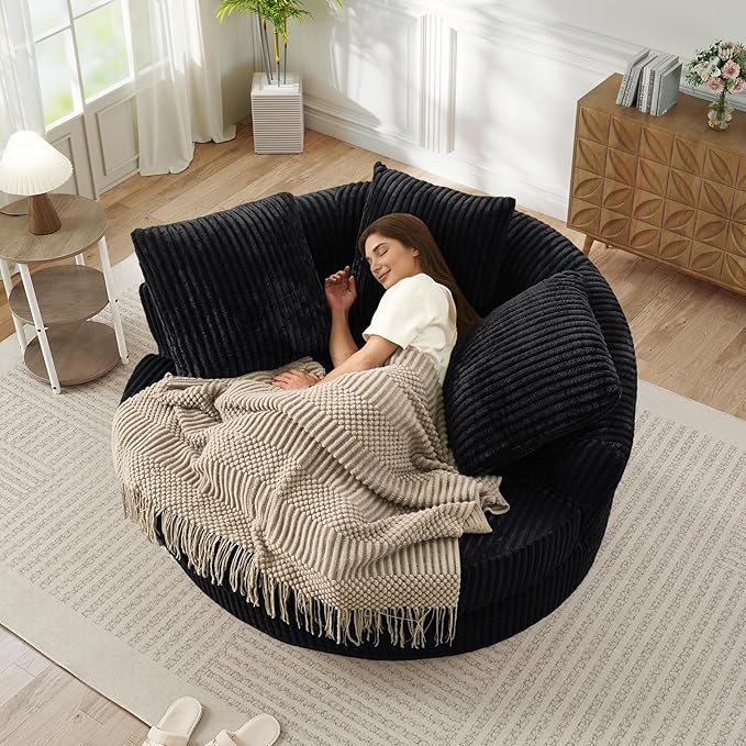 61"W Oversized Round Chaise Lounge Chair Indoor, Upholstered Corduroy Large Circle Boneless Chair with Deep Seat, No Assembly Required, Modern Comfy Cloud Sofa Chairs for Living Room, Bedroom(Black)