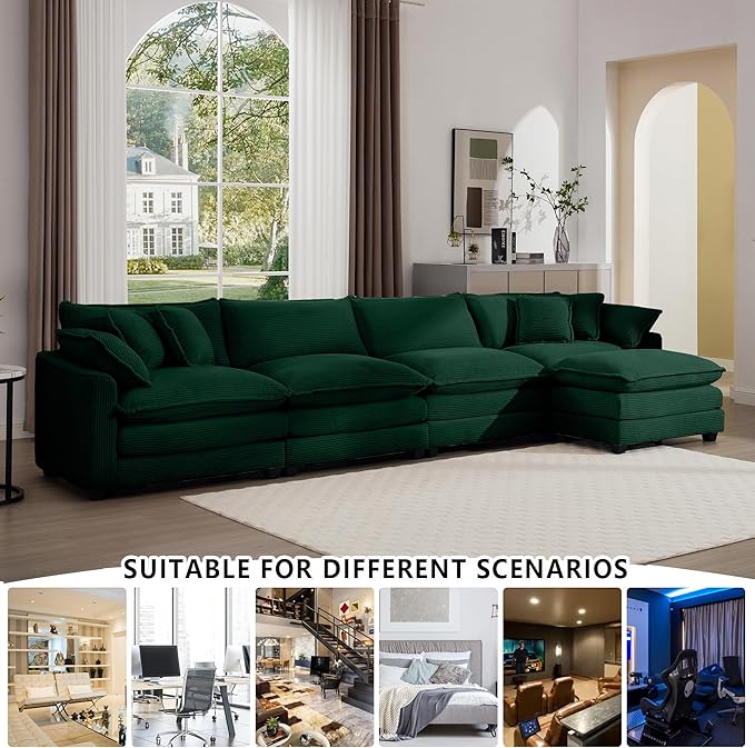 Aoowow Corduroy 4 Seater Cloud Couch with Ottoman,Modern Cloud Couches for Living Room,Modular Sectional Cloud Sofas with Deep Seat,Oversized Tufted L-Shaped Sofa Set (Green, 4 Seater + 1 Ottoman)