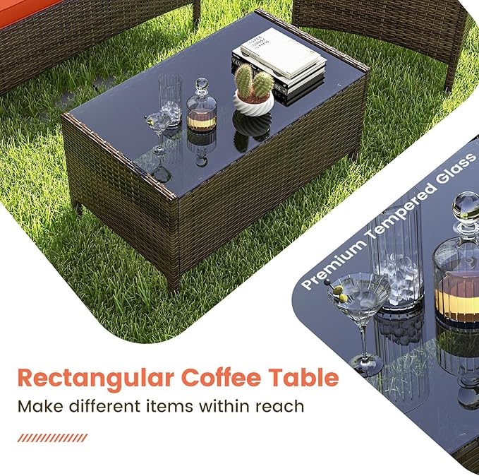 RELAX4LIFE 8-Piece Patio Furniture Set - Rattan Outdoor Conversation Bistro Set w/Cushions, Glass Coffee Table, Wicker Chairs & Loveseat for Garden Backyard Porch, Balcony Furniture Set (2, Orange)