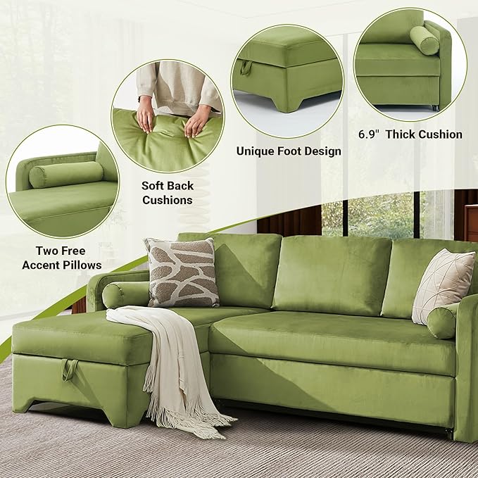 Tbfit 90.6'' 3 in 1 Sleeper Sofa Couch with Storage Chaise, Velvet Sofa Bed with Pull Out Bed, Convertible Sleeper Sofas for Living Room, Small Spaces, Green