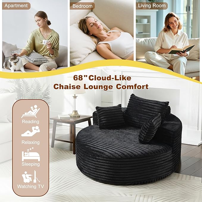 55'' Oversized Round Boneless Chaise Lounge Chair Indoor, Upholstered Corduroy Deep Seat Cloud Large Circle Sofa Couches Bed Corduroy Modern Floor No Assembly Sleeper Bed for Living Room, Bedroom