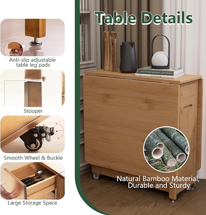 Bamboo Folding Dining Table Set for 4, Extendable Drop Leaf Foldable Table with Lockable Wheels & Storage for Small Spaces Kitchen Dining Room, Collapsible Dinette Expandable Rectangle (Wood)