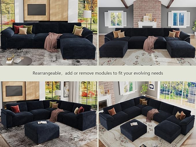 EASE MOOSE Blue Modular Sectional Couch,Oversized Deep Seat L Shape Sectional Couch,Comfty Chenille Modular Sofa for Living Room, Removable Cover