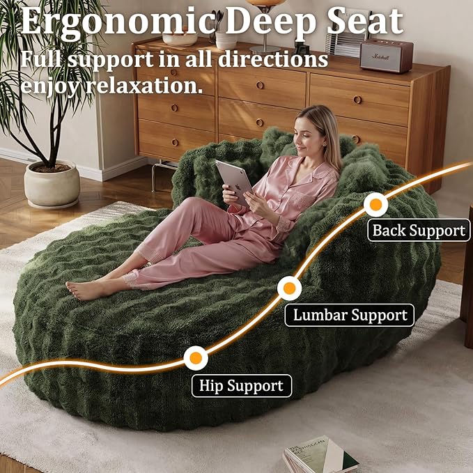 55" W Oversized Round Chaise Lounge Chair with Ottoman Indoor Boneless Faux Fur Plush Fluffy Circle Couch Soft Comfy Cozy Cloud Reading Chair with 5 Pillows for Living Room, Playroom, Bedroom - Green