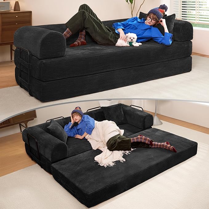 79" Convertible Sofa Bed, Boneless Corduroy Sleeper Foldable Modular Couch, Memory Foam Compressed Sofa in A Box, Folding Mattress Floor Couch for Small Space Living Room Apartment Bedroom, Black