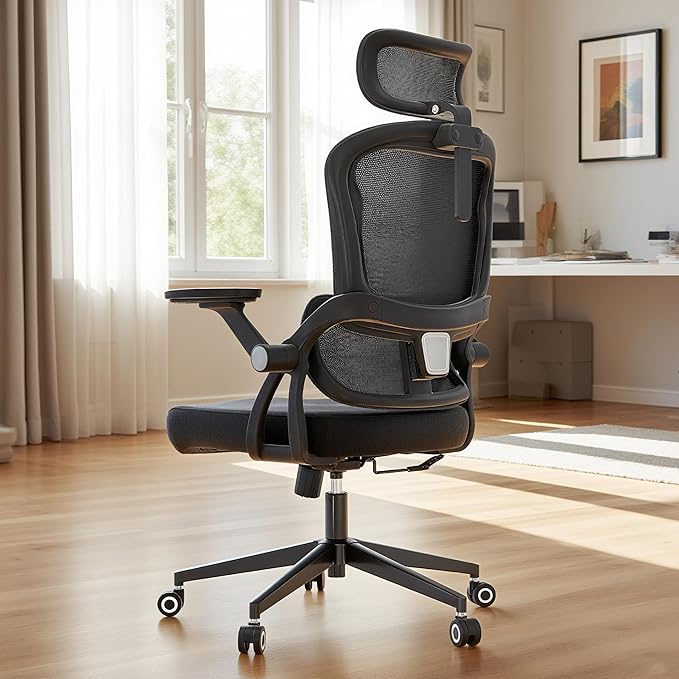 Office Chair Ergonomic Desk Chair with Lumbar Support&Headrest&Flip-up Arms Height Adjustable Rocking Swivel High Back Computer Chair Multi-Angle from 90° to 125° with 350LBS Capacity(05Black)