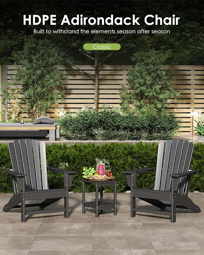 GREENVINES Adirondack Chair | HDPE Plastic | Oversized Fire Pit Chairs | All Weather | Black | Poly Lumber | for Outdoor Deck Backyard Patio Garden