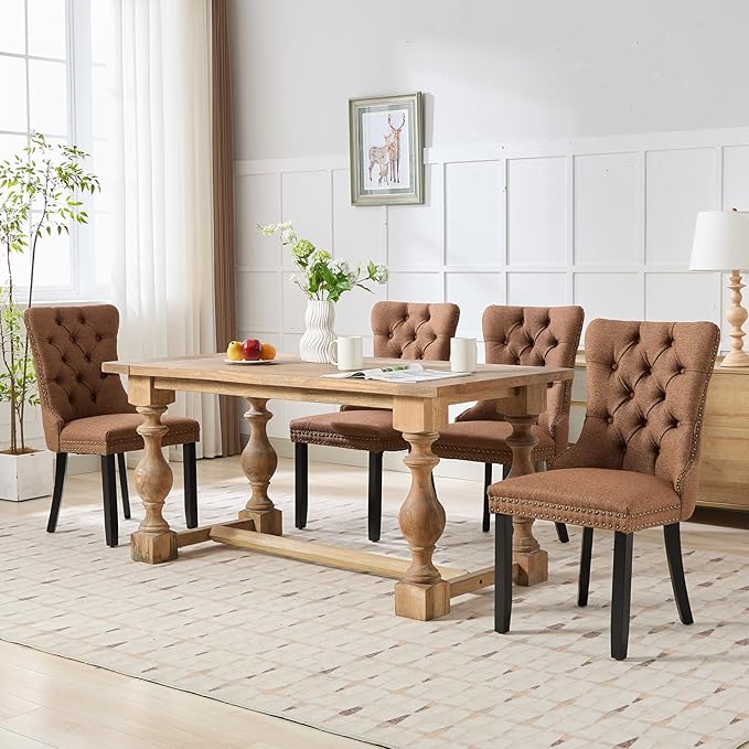 YeahFurn Espresso Brown Mid Century Modern Dining Chairs Set of 8, Linen Upholstered Kitchen & Dining Room Chairs with Nailhead Trim & Solid Wood Legs, Elegant Sillas De Comedor (Coffee, 8 Pcs)