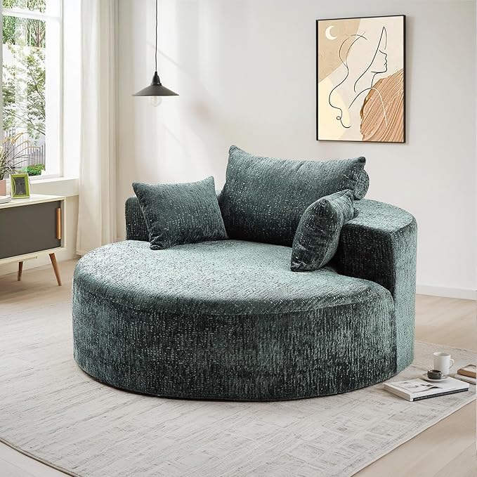 Oversized Round Chaise Longue Chair Indoor, Modern 55-inch Upholstered Chenille Deep Seat Circle Single Cloud Lounge Floor Sofa Chair for Living Room, Bedroom Apartment, Green