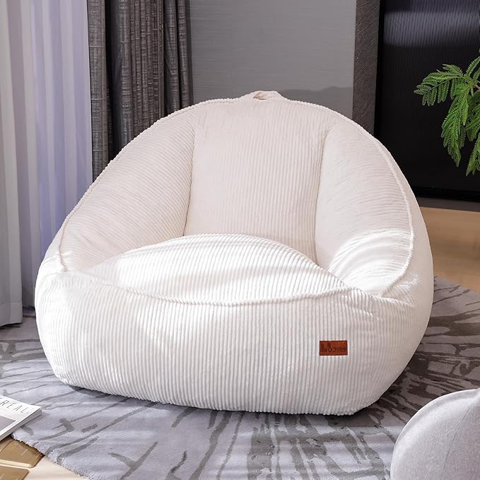 Giant Bean Bag Chair for Adults, Teens and Kids, Cozy Fluffy Corduroy Beanbag Chair with Filler, Large Floor Lounge Sofa for Living Room, Bedroom, Dorm, Gaming and Reading（L-White）