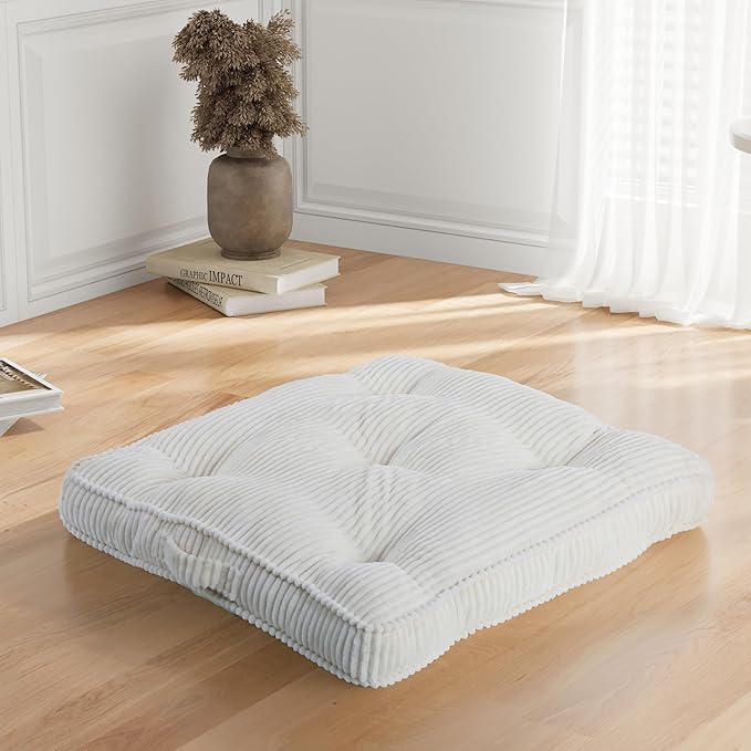 PRIMEPATIO Square Floor Pillow for Adults, Tufted Floor Cushion for Sitting, Large Meditation Cushion, Thick Corduroy Seat with Handle, Tatami Seating for Yoga, 22x22 Inch Beige, 1Pack
