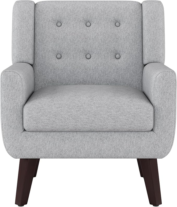 Accent Chairs Set of 2, Mid-Century Modern Upholstered Living Room Armchair, Comfy Linen Fabric Single Reading Arm Chair with Tufted Back and Wood Legs for Bedroom, Club (2, Light Grey)