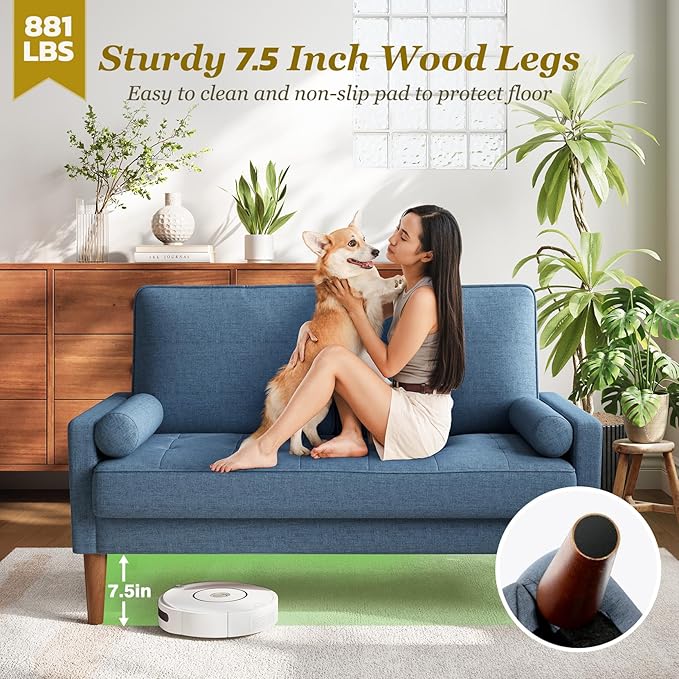 Vesgantti Loveseat Sofa with Solid Wood Legs, 48" Small Couches for Small Spaces, Love Seat for Living Room, Bedroom, Easy Assembly Mid Century Modern Couch with Throw Pillow for Apartment, Blue
