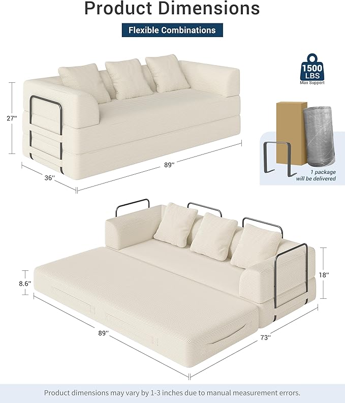 Cloud Boneless Convertible Sleeper Sofa Bed for Living Room 89" 4-in-1 Foldable Compressed Lounge 3 Seater Floor Couches High-Density Sponge & Corduroy Fabric Multi-Form Pull Out Futon Daybed(Beige)