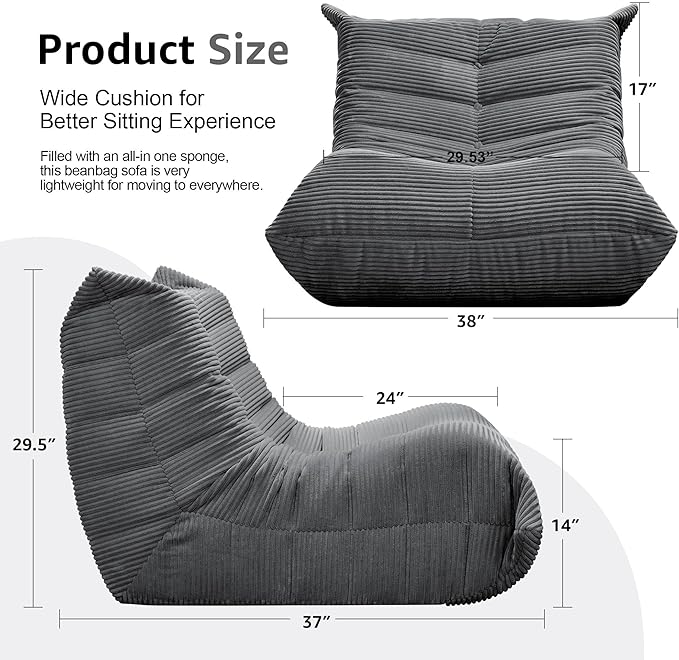 Bean Bag Chairs for Adults Giant Bean Bag Chair Memory Foam BeanBag Chair Bean Bag Sofa with Filler Faux Fur Fireside Beanbags Lazy Sofa for Living Room Bedroom Office (Grey Corduroy, Single)